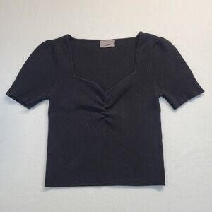 Urban Outfitters Black Ribbed Sweetheart Ruched Short Sleeve Knit Top Medium